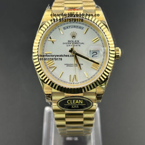 Rolex Day Date White Dial Super Clone | Non Fading Full Yellow Gold Watch | 1:1 ETA 3255
